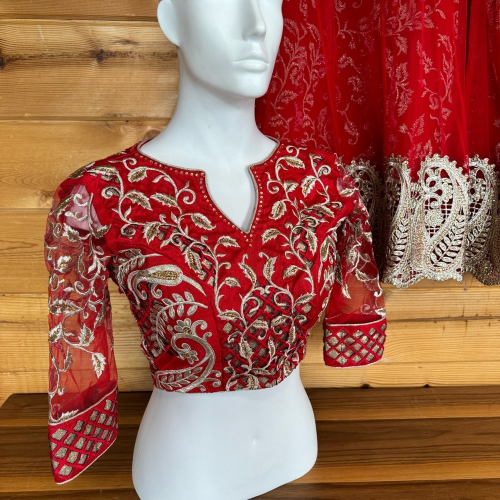 Red Indian wedding guest lengha gold embroidered embellished backless rhinestone